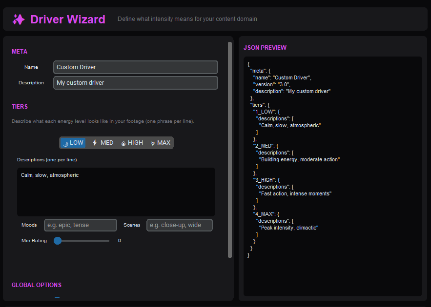 The Onset Engine Editor featuring text descriptions, the Driver Wizard, and fine-grained NLE controls